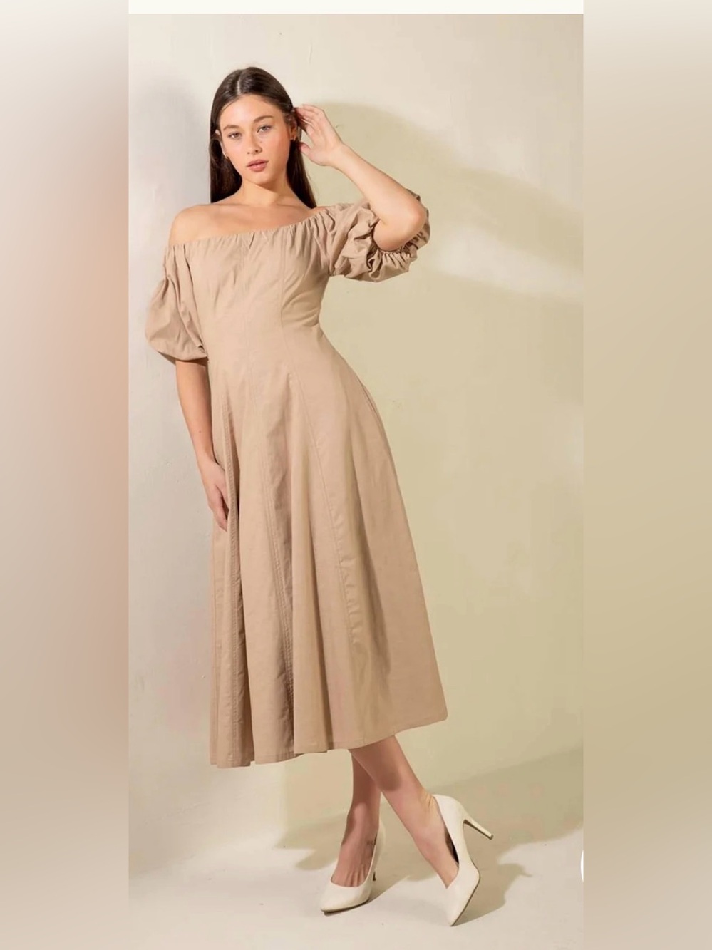 NWT Freemarket PROTECTING MY PEACE TAUPE WOVEN MIDI DRESS size L linen blend
